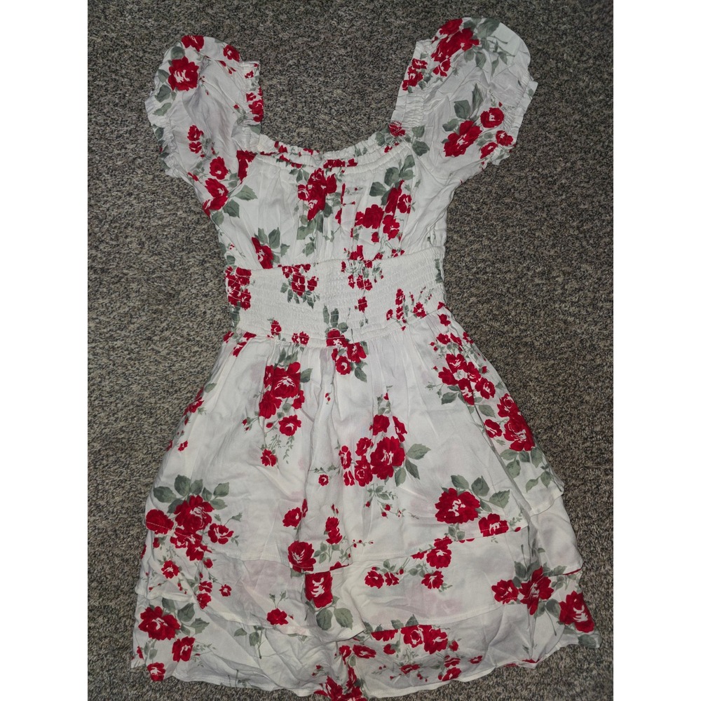 Hollister Floral Romper Dress Red White Rose Smocked Waist Tiered XS Regular